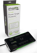 Plugable Surge Protector Power Strip with USB and 12 AC Outlets, Built-in 10.5W 2-Port USB Charger for Android, Apple iOS, and Windows Mobile Devices, 25 Foot Extension Cord