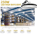 2Pack UFO LED High Bay Light 250w, 5000K,36,000LM, 5 ft cable with Us Plug UL Certified Plug,Hanging HookIP65 Commercial Warehouse Area Light for Wet Location Area, Workshop, Garage, Factory Barn