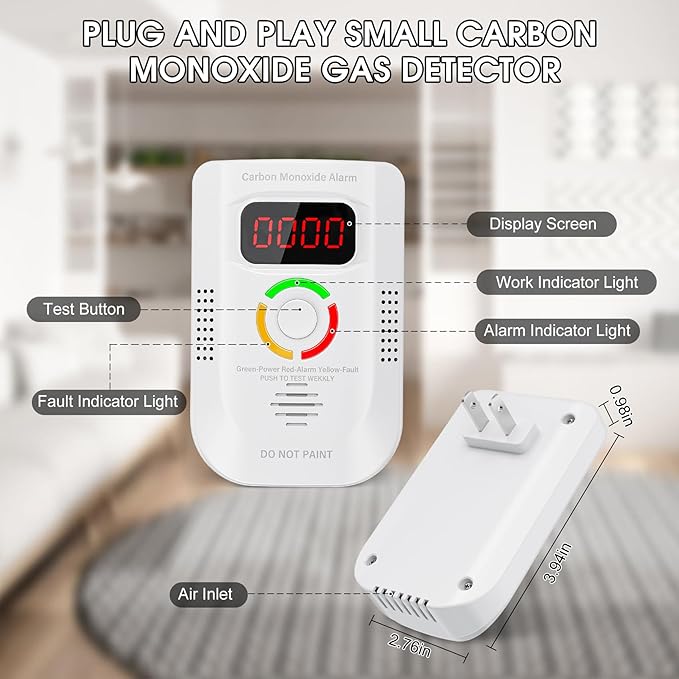 3 Pack Carbon Monoxide Detector, Plug-in Wall Carbon Monoxide Alarm, Portable Carbon Monoxide Detector with Digital Display LED, CO Alarm Monitor with Audible and Visual Alarm Test Mute Button