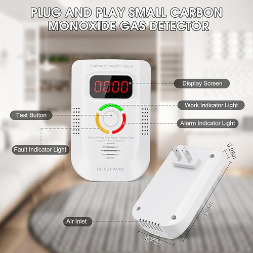 2 Pack Carbon Monoxide Detector, Plug-in Wall Carbon Monoxide Gas Detector, Portable Carbon Monoxide Detector with Digital Display LED, CO Alarm Monitor with Audible and Visual Alarm Test Mute Button