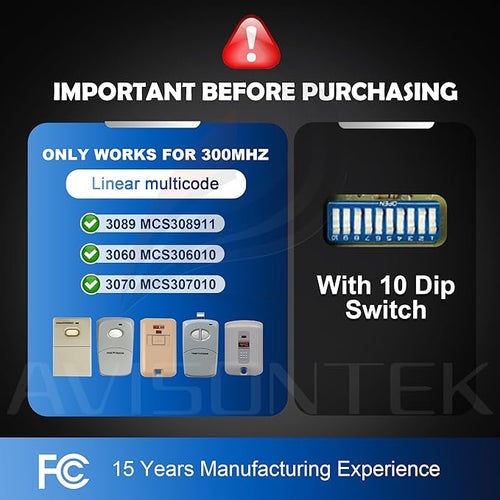2 for Multi-Code 3089 MultiCode 308911 Linear MCS308911, 10 Dip Switch Gate Opener Remote 300MHZ, Multi Code Garage Door Opener【10-Year-Warranty】