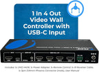 OREI 4K 2x2 HDMI or USB-C Video Wall Controller Processor Display Upto 4K 60hz 2x1, 1x2, 1x3, 1x4 Supports 180 Degree Rotate RS-232 Audio Extraction