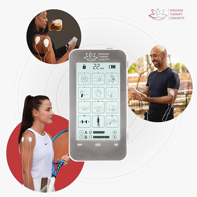 Massage Therapy Concepts Deluxe TENS Unit Muscle Stimulator & Accessories - Non-Invasive EMS Machine for Neck & Back Pain Relief, Sciatica - Electrotherapy with 12 Modes & 20 Intensity Levels