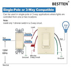 BESTTEN 2 Pack Almond Dimmer Wall Light Switch, Compatible with Dimmable LED, CFL, Incandescent and Halogen Bulb, Single Pole or 3-Way Dimmer Switches, 120VAC, Decorator Wall Plate Included