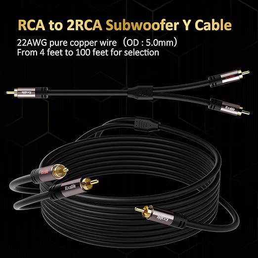 Kxable RCA Y-Adapter Splitter Cable 100 Feet, 1 RCA Male to 2 RCA Male Stereo Audio Subwoofer Cable, Bi-Directional, for Home Theater, Hi-Fi System, Amplifier, Speaker, 24K Gold Plated, OD:5.0MM