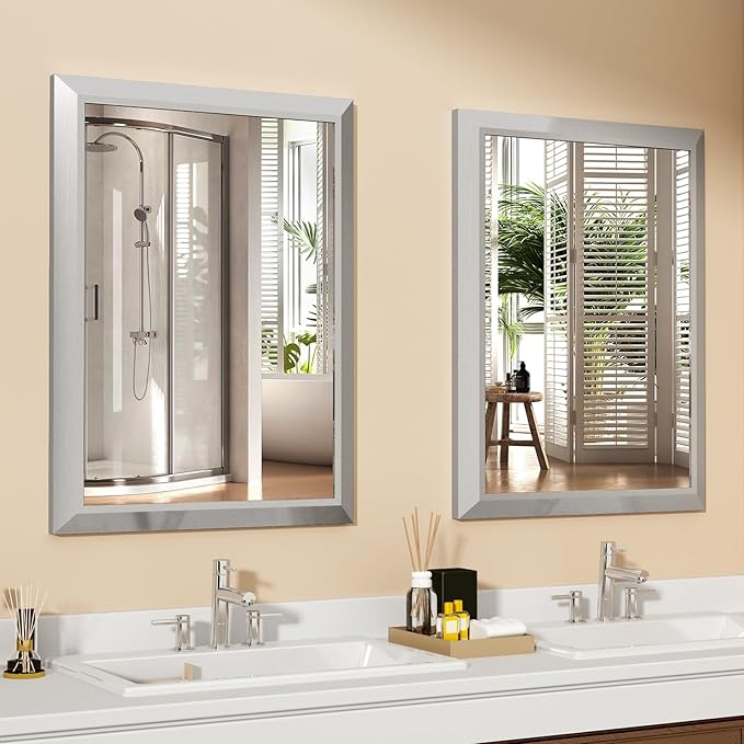 SMIROR Brushed Silver Bathroom Mirror for Over Sink, 20”x 24” Metal Thick Framed Rectangle Vanity Mirror for Wall, Right Angle Corner, Anti-Rust, Horizontally or Vertically Mounted