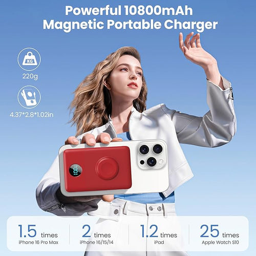 6 in 1 Magnetic Portable Charger for iPhone with Built-in Cables, 10800mAh 25W PD Fast Charging Power Bank, 6 Outputs Travel Essential Battery Pack for iPhone 17/16/15/14/13/12,Apple Watch (Red)