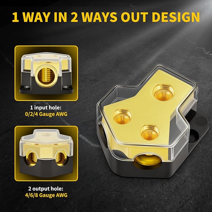Bolipoeq 12V Power Distribution Block Car Audio 2 Way 0/2/4 Gauge in 4/6/8 Gauge Out, Premium Ground Distribution Block 12 Volt Amp Distribution Block Splitter for Automotive Car Marine Boat (4 Pack)