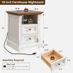 T4TREAM Farmhouse Nightstand with Charging Station, 18" End Table with 2 Drawers Storage, Wood Side Table w/Roman Column, Bedside Cabinet for Bedroom, Living Room, Antique White
