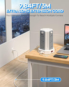 Power Strip Surge Protector, 10 Ft Extension Cord with 12 AC Multiple Outlets 4 USB (1 USB C), SMALLRT Power Tower Desktop Charging Station (White, 10 FT)