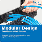 ICC 24-Port CAT6A Keystone 1U Patch Panel with CAT6A Keystone Jacks, 19” Rackmount Housing and Cable Support Bar, Staggered Ports to Reduce ANEXT, UL Listed PoE++ Compliant, ICMPP246AU