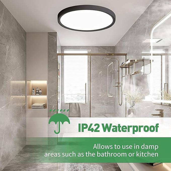 15.8 Inch Dimmable LED Flush Mount Ceiling Light, 32W, 3480LM, 3000K/3700K/4000K/5000K/6000K, Round Flat Panel Low Profile Ceiling Light Fitures for Hallway, Kitchen, Bedroom, 2PK Black