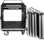 Sound Town Enhanced Thickness 1/2" (12mm) Plywood 10U Audio Rack/Road Case with 14U Slant Mixer Top, 25’’ Rackable Depth and Casters-Pro Tour Grade (STMR-DE10UW)