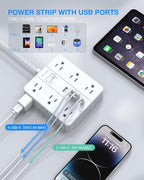 Flat Plug Surge Protector Power Strip, HUNIAN 12 Widely Spaced Outlets with 6 USB Charger (2 USB C Ports), 10 Ft Extension Cord Desk Charging Station for Home Office Supplies, Dorm Room, White