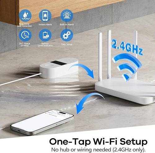 2-Pack WiFi Water Leak Detector, Battery Powered Water Sensor Alarm with 130dB Siren & 3.2FT Extended Cable Probe, App Alerts, No Hub Required for Home Basement Kitchen Bathroom