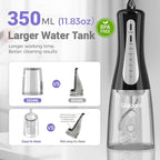 GOLDANT 350ML Water Flosser with Drainage & Storage Stand, Keeps Dry & Clean, 5 Modes, 360°Nozzle, Cordless Rechargeable, IPX7 Waterproof, Portable for Home & Travel (Black)