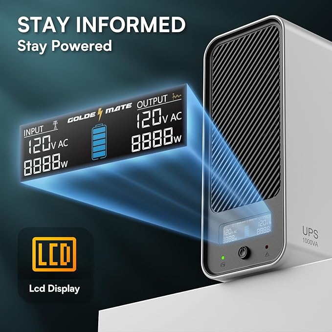 GOLDENMATE 1000VA/800W Lithium UPS Battery Backup and Surge Protector, Backup Battery Power Supply with LiFePO4 Batteries(230.4 Wh), Sinewave UPS System, 10 Years Lifespan, 8 Outlets, LCD Display
