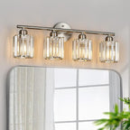 FDPBY Modern 4 Light Crystal Vanity Light, Brushed Nickel Vertical Bathroom Light Fixture Over Mirror for Dressing Table Sink, Compatible with Dimmable Bulbs (Bulbs Not Included)