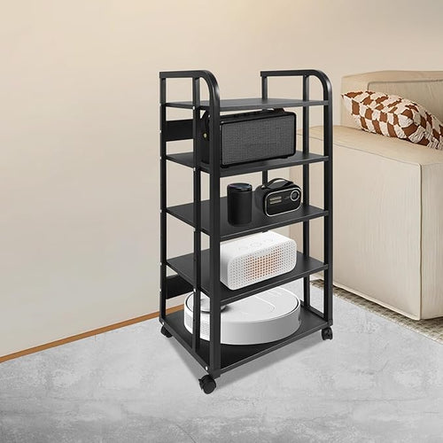 5-Tier AV Media Stand with Universal Wheels, Center Stereo Components Storage Stand, DVD/CD Holder with Adjustable Hole Spacing Movable Audio Media Stand for Living Room, Game Room (5 Tiers)