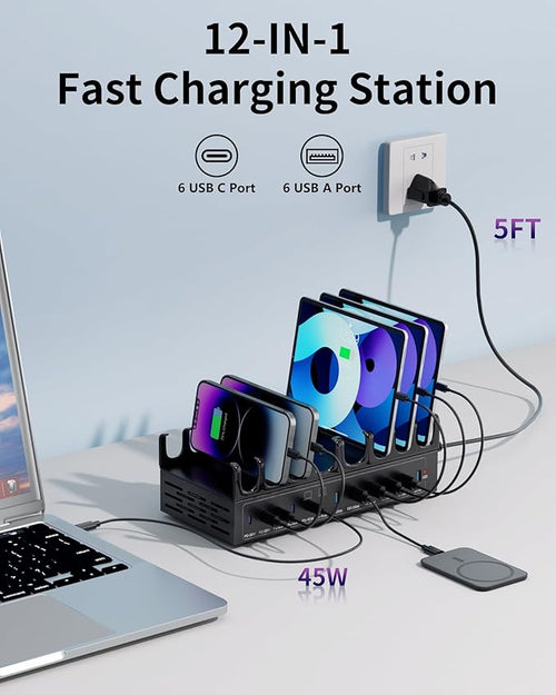 360W Charging Station for Multiple Devices, 12-Port USB C Charging Station with Dual 45W PD PPS Port, Multi Device Fast Charger Dock for MacBook Pro Laptop, iPhone, iPad, Tablet, Android Cell Phone
