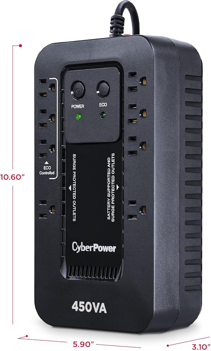 CyberPower EC450G Ecologic Battery Backup & Surge Protector UPS System, 450VA/260W, 8 Outlets, ECO Mode, Compact Uninterruptible Power Supply