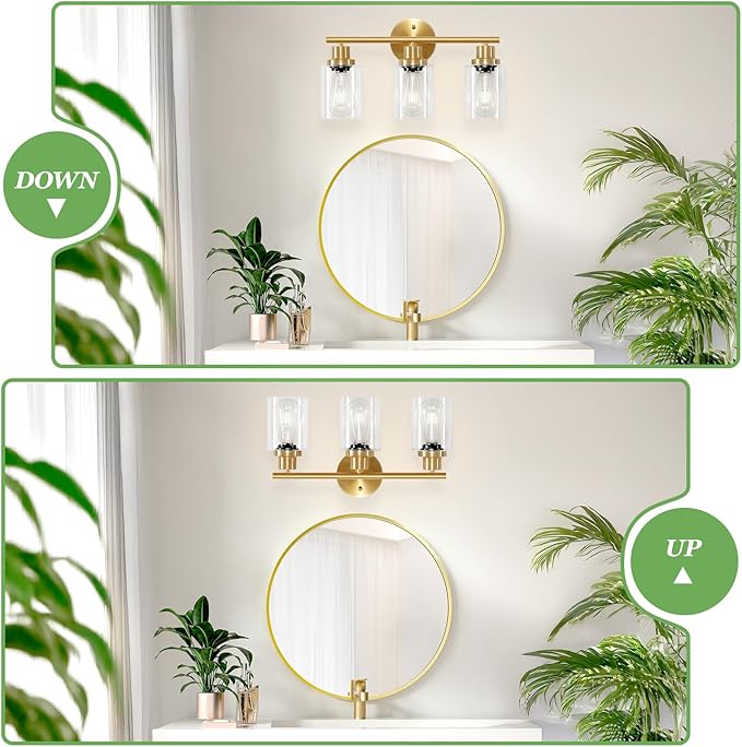 Guliaofo 3-Light Brushed Gold Vanity Lights, E26 Modern Bathroom Light Fixtures with Clear Glass Shade, Wall Lamps for Mirror Kitchen Hallway Cabinet Living Room Sconces Lights
