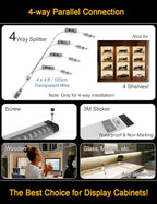 EBD LED Under Shelf Lights, 4-Way Parallel Light Bar, 12-Panel Cabinet Lighting, 6500K 5400Lm Counter Lights with Slack-Free Wiring, Maximized for Spacious 4-Layer Showcase, Bookcase & Storage Rack