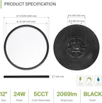 ASD LED 12" Round Flush Mount Ceiling Light Fixture, Low Profile Surface Lighting | 5CCT, Dimmable, Ultra-Thin, ETL Listed | 24W 2000LM 2700-6000K 100-277V | Kitchen, Bedroom, Hallway Lamp | Black