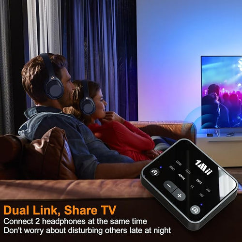 1Mii Bluetooth 5.3 Transmitter for TV to 2 Wireless Headphones, Long Range 100ft Bluetooth Adapter for TV aptX Adaptive & HD/Volume Control, Optical/USB/AUX/RCA Audio Inputs