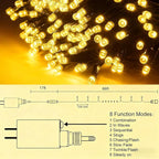 Home Lighting 66ft Christmas Decorative Mini Lights, 200 LED Green Wire Fairy Starry String Lights Plug in, 8 Lighting Modes, for Indoor Outdoor Xmas Tree Wedding Party Decoration (Warm White)