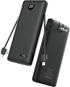 VRURC Portable Charger with Wall Plug, 10000mAh Slim Portable Charger Built in Cables,PD 20W Fast Charging Power Bank with Cords,USB C Portable Phone Charger Travel Accessories -Black(1 Pack)