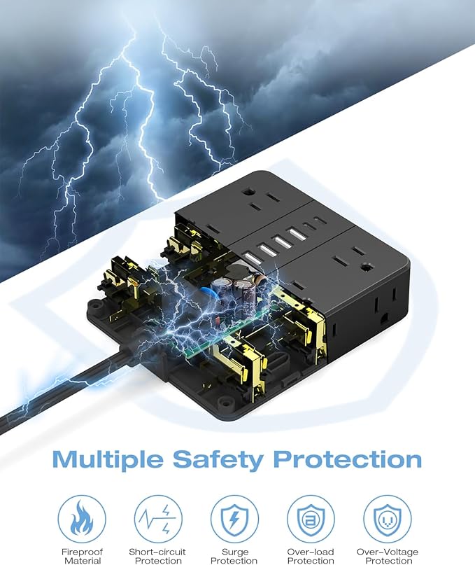 AOFO 25FT Surge Protector Power Strip,12 AC Outlets with 6 USB Ports (2 USB-C), Flat Plug Extension Cord with Multiple Outlets, Wall Mount for Home Office,Dorm, Black