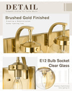 Beionxii 4-Light Bathroom Vanity Light Fixtures, 3 Light Brushed Gold Bathroom Light Fixtures with Clear Glass Shade, Modern Wall Sconces Lighting Over Mirror, Living Room, Hallway, BX-VL03BG-4CG