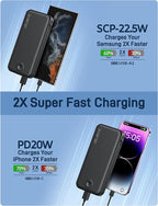 Nusyddy 22.5W Super Fast Charging Portable Charger with Wall Plug,12000mAh USB-C Power Bank Built-in 2 Cable, Lightweight Phone Charger Travel Battery Pack for All iPhone, Samsung, Tablets