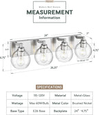 METWET Bathroom Light Fixtures, 4 Light Brushed Nickel Vanity Light, 26 Inch Modern Wall Sconces with Globe Clear Glass Shade, Vanity Lighting Fixtures Over Mirror, VL195-BN-CL-4