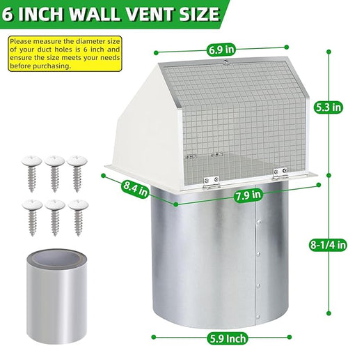 6 Inch Hooded Wall Vent with Screen and Damper,Wall Exhaust Vent Cover Cap,Dryer Vent Cover Outside,Exterior Wall Vent Hood Outlet Air Vent for Kitchen Range Hood Air Ventilation,Galvanized Steel,Whit