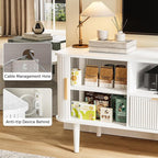 DAMCROP TV Stand 62.4 Inch Mid Century Modern Media Console Table with Drawer Sliding Tambour Door Farmhouse Sideboard Buffet Cabinet Fits TVs up to 75 inch Fluted Wood Entertainment Center(White)