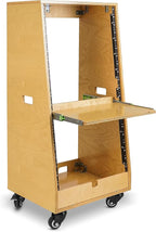 Sound Town DIY Slanted 20U Studio Rack (12U Top + 8U Lower), with 2U Bottom Storage, Slide-Out Tray, Caster, Plywood, Golden Oak For Recording Room, Home Studio (SDRK-ST20T)