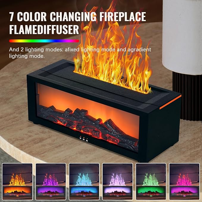 Fireplace Humidifier Diffuser, 7 Colors Flame Diffuser for Essential Oils, Fire Aroma Diffuser with Remote, Air Humidifiers Aromatherapy Diffuser for Home, Bedroom, Office,Yoga