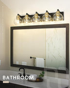 METWET Bathroom Light Fixtures, 5-Light Black and Gold Bathroom Vanity Light, 32 Inch Modern Wall Sconces with Globe Clear Glass Shade, Vanity Lighting Fixtures Over Mirror, VL195-KG-5