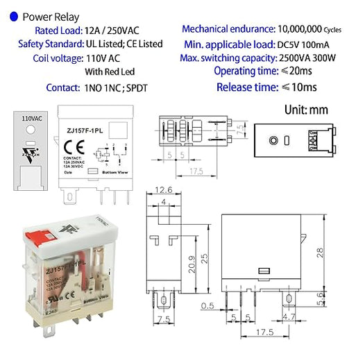 12 Pcs 12Amp Mini Relay Switch DPDT with Test Button 110V/120V AC 1NO 1NC 5Pin Socket Base with Indicator Light UL Certification