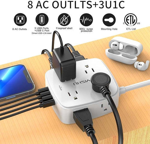 20 Ft Surge Protector Power Strip - 8 Widely Outlets with 4 USB Ports, 3 Side Outlet Extender with 20 Feet Extension Cord, Flat Plug, Wall Mount, Desk USB Charging Station, ETL, White