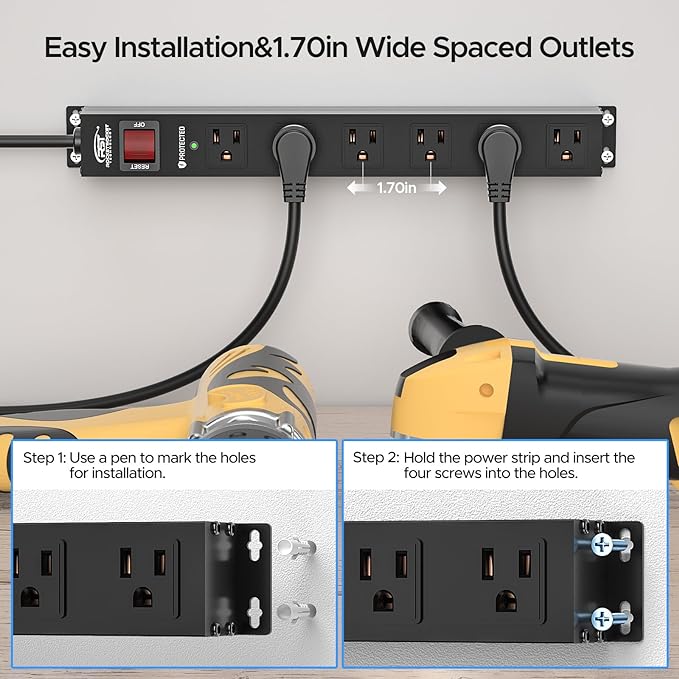CRST 6 Outlet Heavy Duty Power Strip with Switch, 15A/1875W Metal Mountable Power Strip Surge Protector 2100Joules, Wide Spaced Power Bar for Garage Worshop Home School, 6 FT Cord