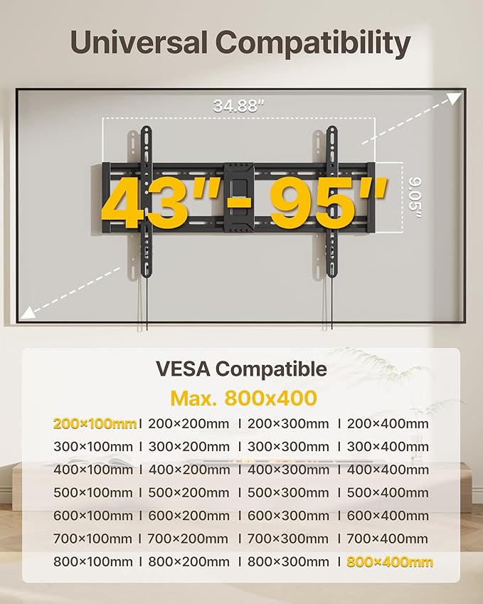 monTEK Heavy Duty Fixed TV Wall Mount for 43–95 Inch TVs, 1.1" Ultra Slim Low Profile Bracket, 200 lbs Capacity, Max VESA 800x400mm, Fits 16"/18"/24" Studs, Space-Saving for Large Flat & Curved TVs