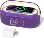 COLSUR Bluetooth Speaker Alarm Clock with Wireless Charger, FM Radio, Adjustable LED Night Light, 6 in 1 Bedroom Portable Speaker 2500mAh, Phone Stand for Bedside, Home, Office, Gift (Purple)