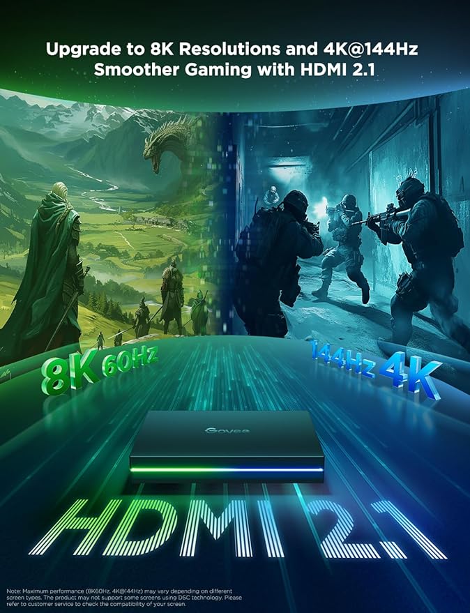 Govee HDMI 2.1 Sync Box 2, AI Sync Box with TV Backlight, Supports 8K@60Hz, 4K@144Hz, VRR and ALLM, Works with SmartThings, Matter and Alexa, RGBIC LED Light Strip for 55-65 inch TVs, 75 LEDs/m