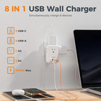 USB C Charger Block 20W PD, TESSAN Foldable Wall Charger with 4 USB Ports and 4 AC Outlet Extender, Multi Charging Station for Cruise, Home, Office, Dorm Room Essentials, White