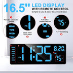XREXS Digital Wall Clock Large Display, 16.5" LED Wall Clock with 6 Color Changes Night Lights, Auto DST, Count Up/Down Timer with Remote Control for Living Room Bedroom Office Wall Decor