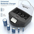 Universal Rapid Battery Charger for Alkaline, AA, AAA, C, D, 9V Ni-MH Ni-CD Rechargeable Batteries, Come with FCC & UL Certified. Black