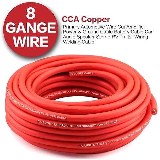 8 Gauge Wire (50ft Each - Red/Black) Copper Clad Aluminum CCA - Primary Automotive Wire,Car Amplifier Power & Ground Cable, 20PCS Lugs Terminal Connectors,20PCS 2:1 Heat Shrink Tubing